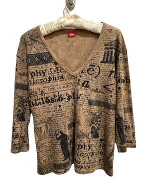 Vintage Glima Y2K Philosophy Graphic Top V-Neck 3/4 Sleeve Renaissance Print, Lg